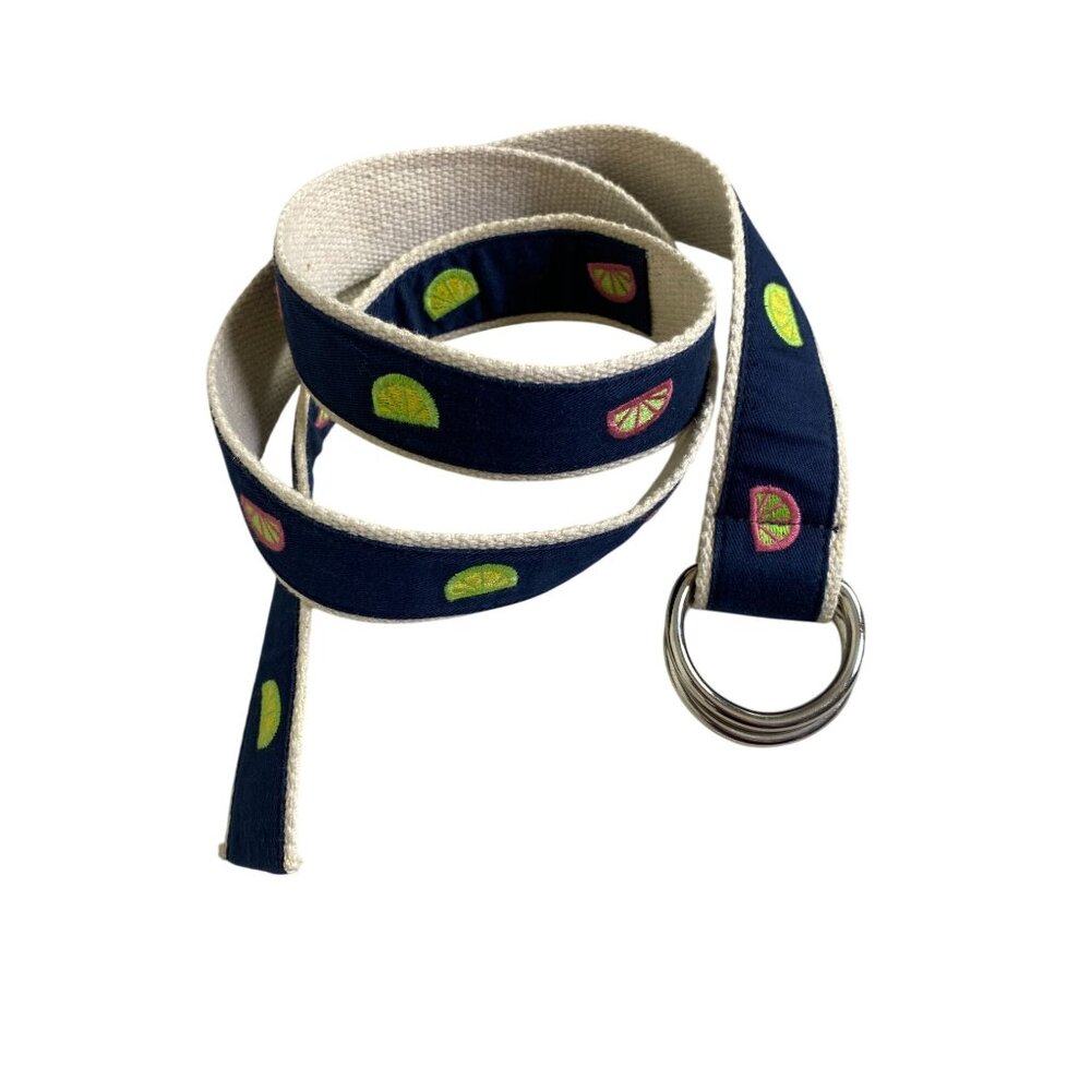 J. Crew Navy Cream Novelty Lime Orange Belt size Medium Large Cotton D Ring